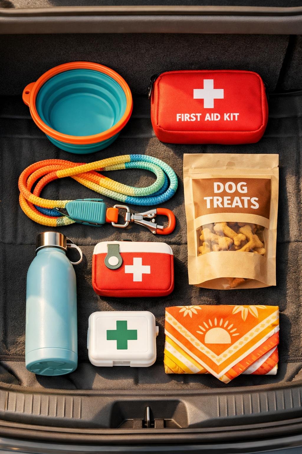 Dog road trip packing essentials laid out for a pet-friendly U.S. road trip