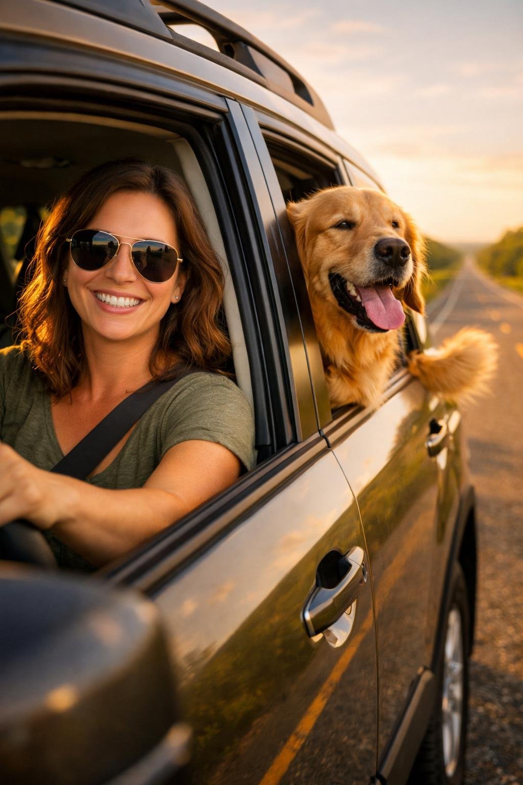 Dog mom on a pet-friendly road trip in the U.S. with her golden retriever on a sunny highway. Best Pet-Friendly Road Trip Destinations in the U.S. for Dog Moms