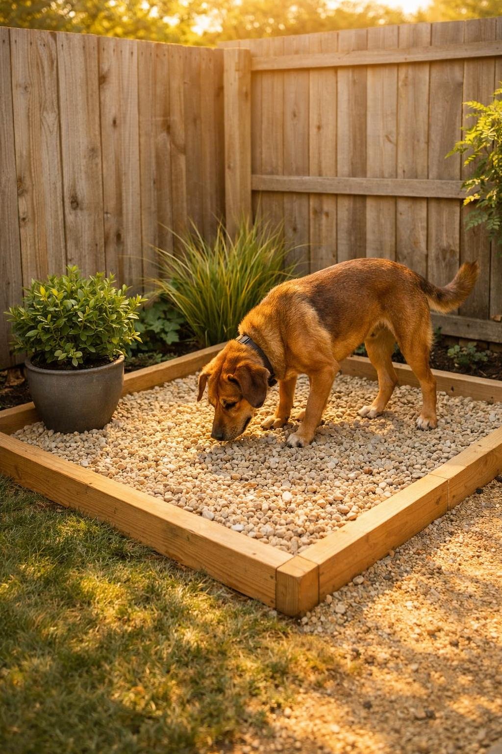 Neatly designed dog potty area outside in a backyard corner with pea gravel and wooden edging