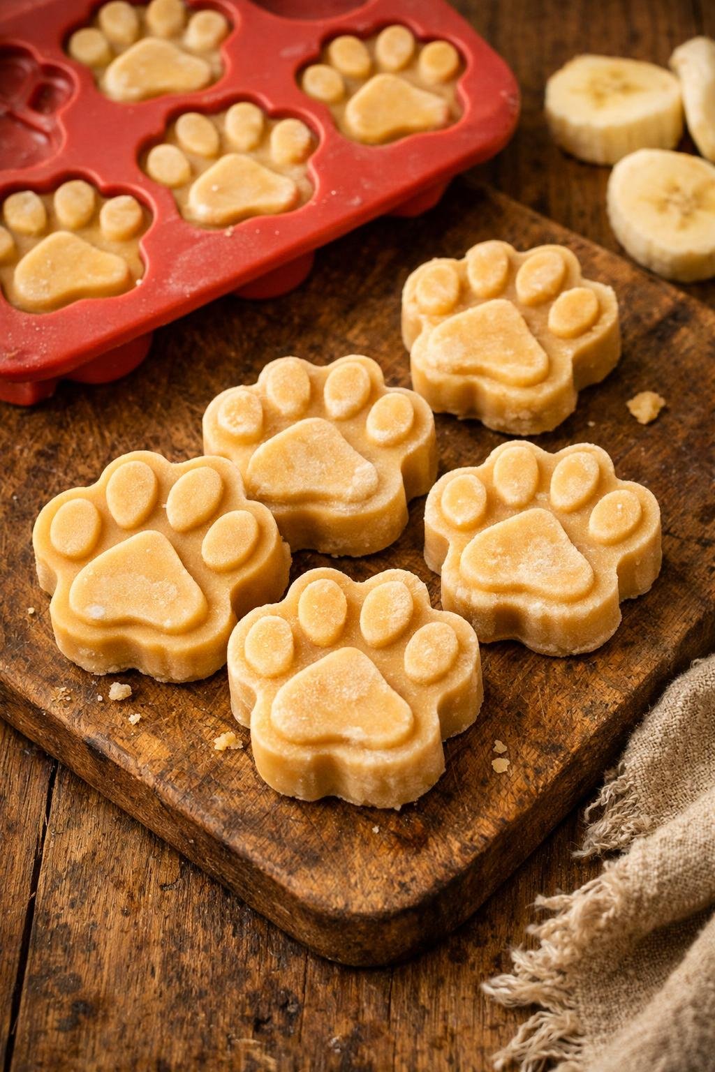 Frozen 3 ingredient dog treats in paw print silicone molds ready to serve