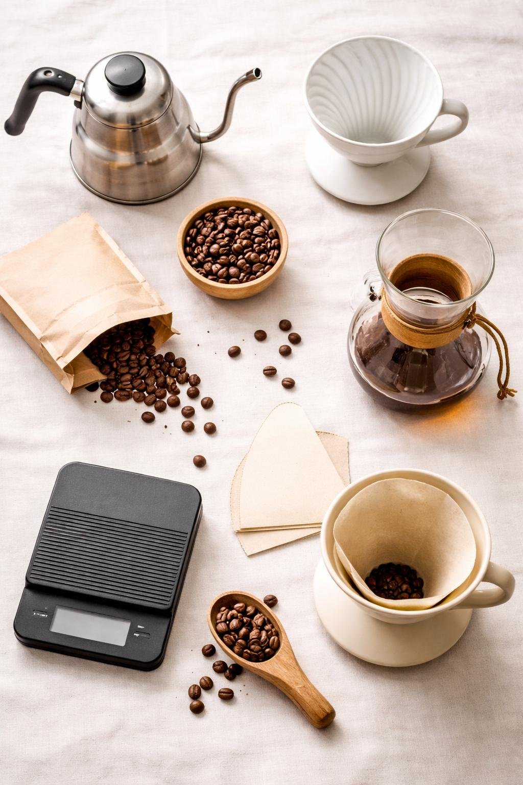 Flat lay of the best pour over coffee maker equipment including drippers, kettle, and filters