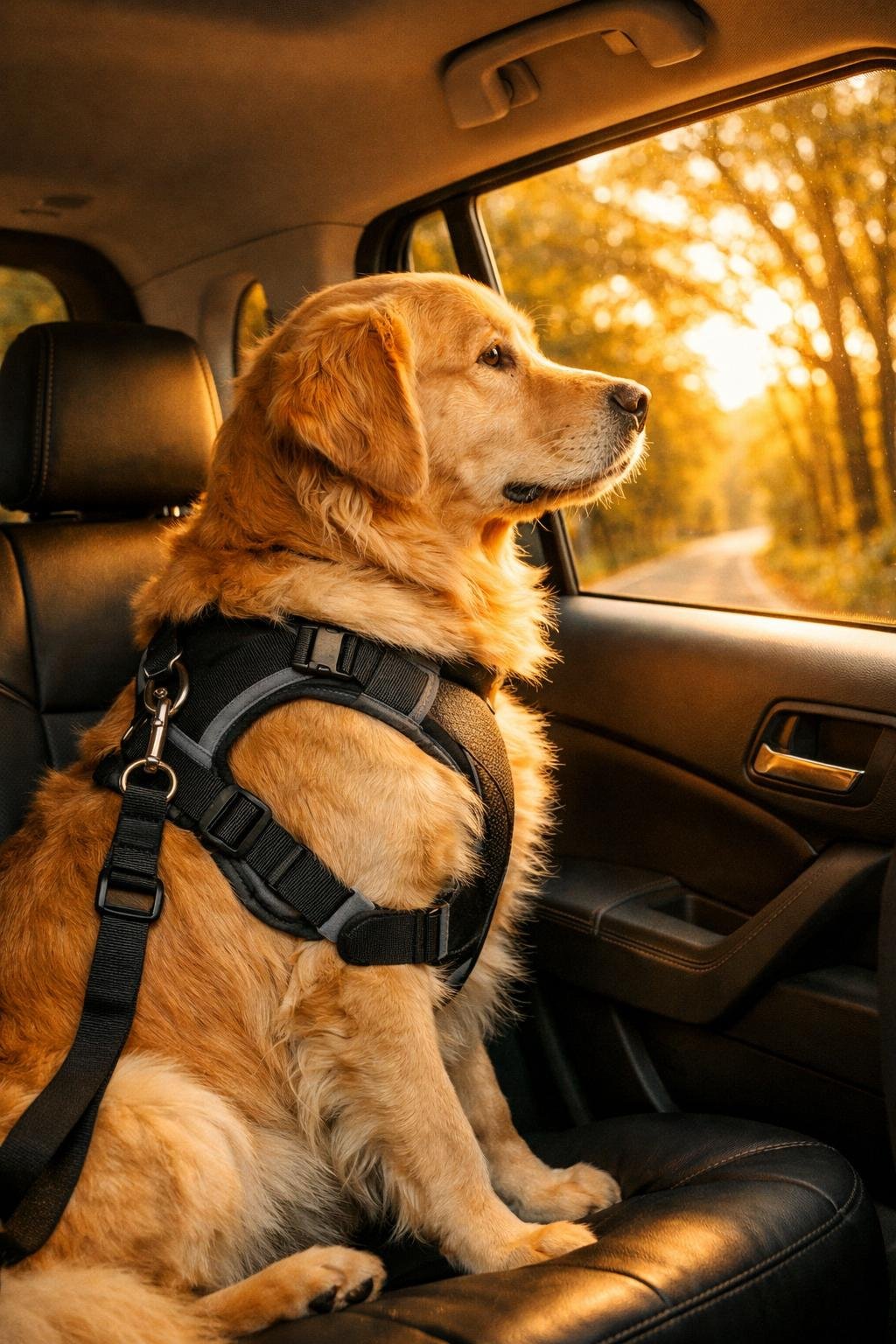 golden retriever secured with harness seatbelt tether in SUV back seat during dog road trip