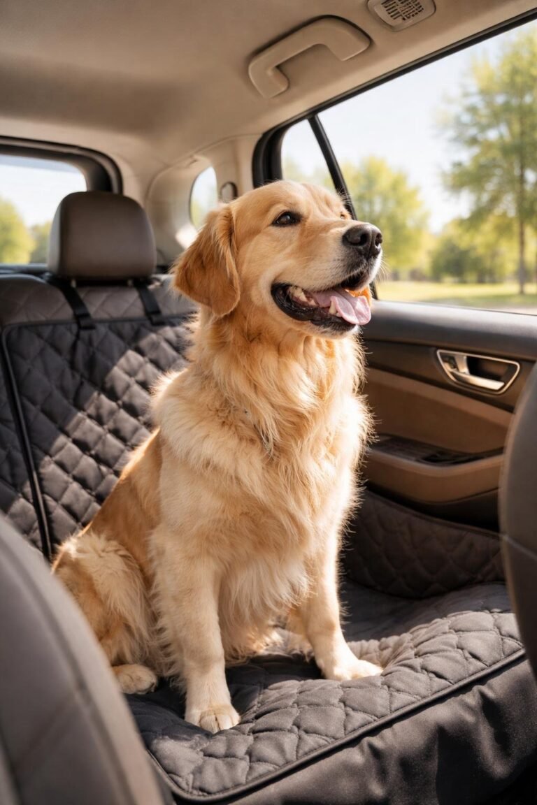 happy golden retriever sitting in the back seat of an suv, looking out the window on a sunny day, with a cozy dog seat cover visible