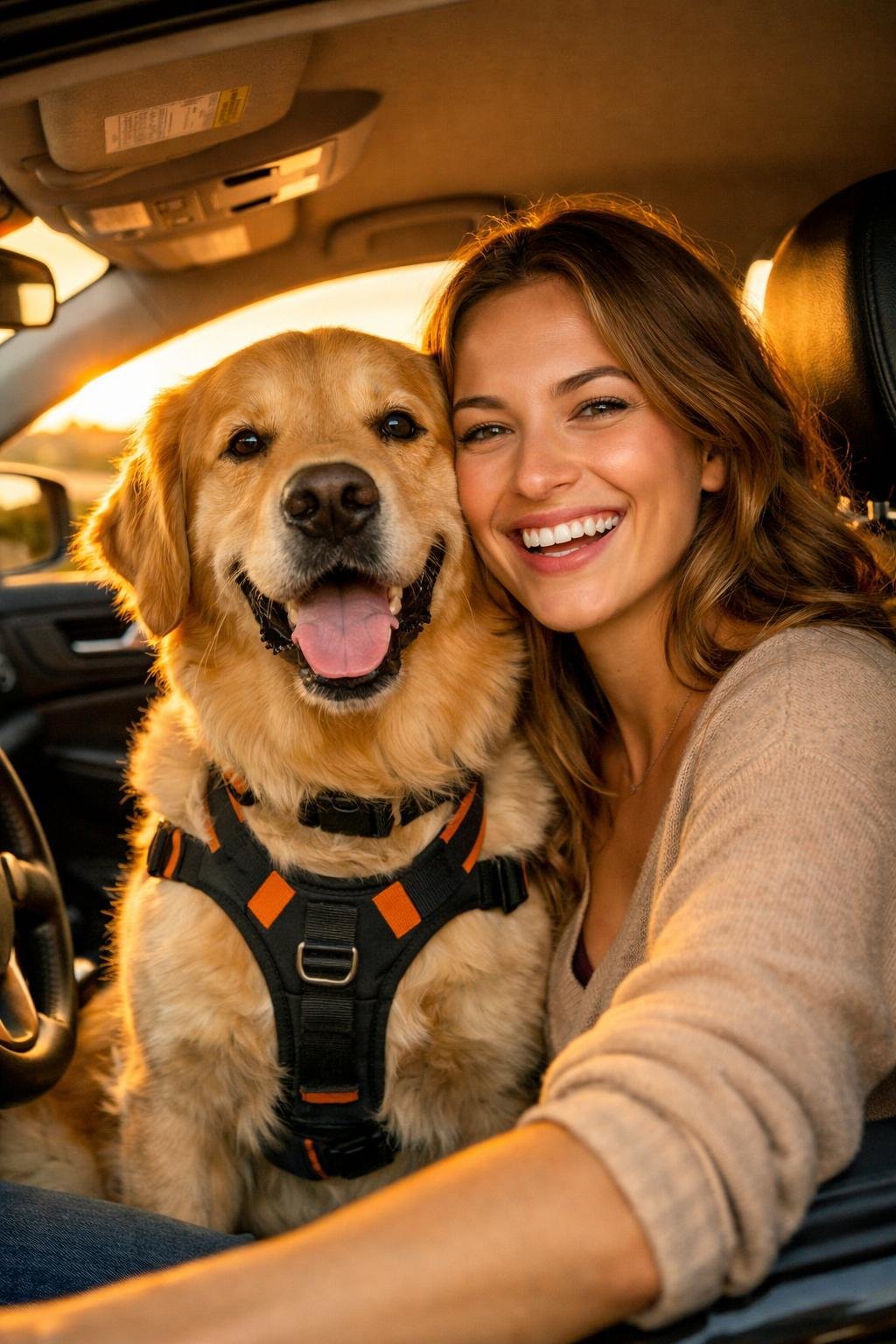 woman and dog happy in car with dog car accessories