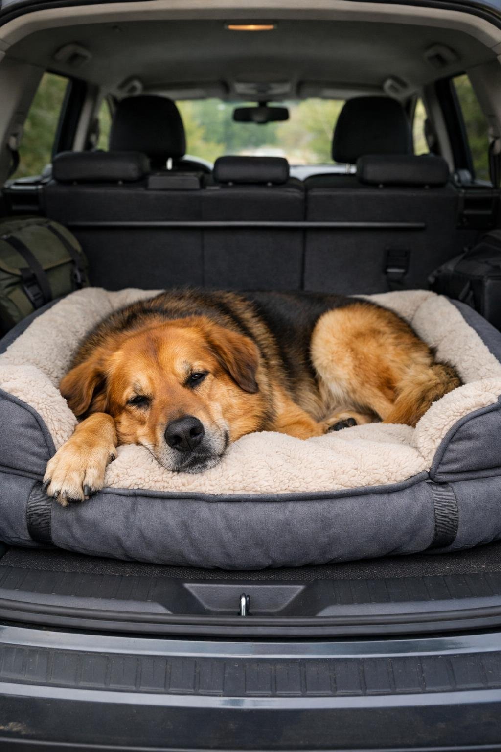 dog travel bed in SUV cargo area for comfortable road trips with dogs