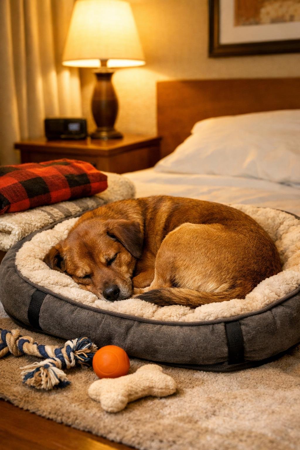 dog sleeping on travel dog bed in hotel room during road trip with packing essentials nearby