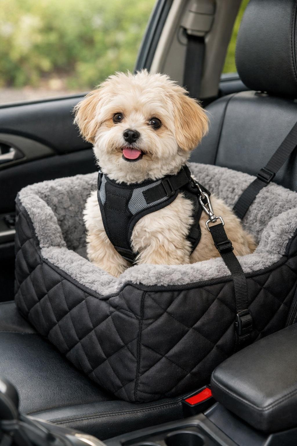 small dog in dog car seat booster with harness for safe travel