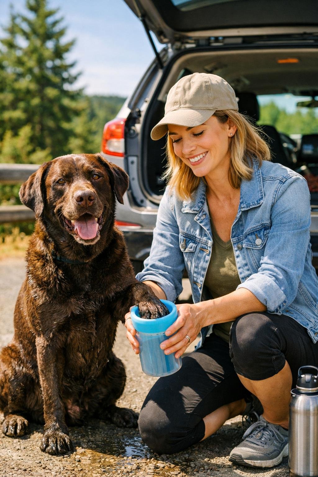 woman using portable paw cleaner on muddy dog at rest stop during road trip
