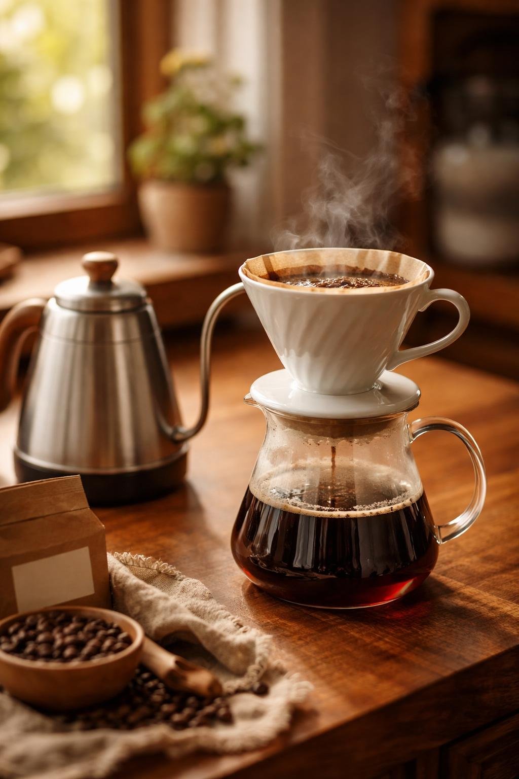 Best pour over coffee makers setup on a wooden counter with gooseneck kettle and ceramic dripper