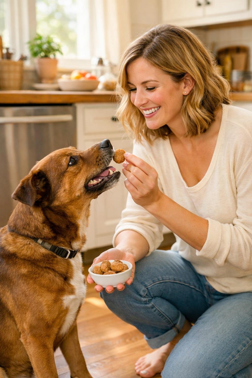 Dog mom hand-feeding her dog homemade 3 ingredient dog treats in the kitchen
