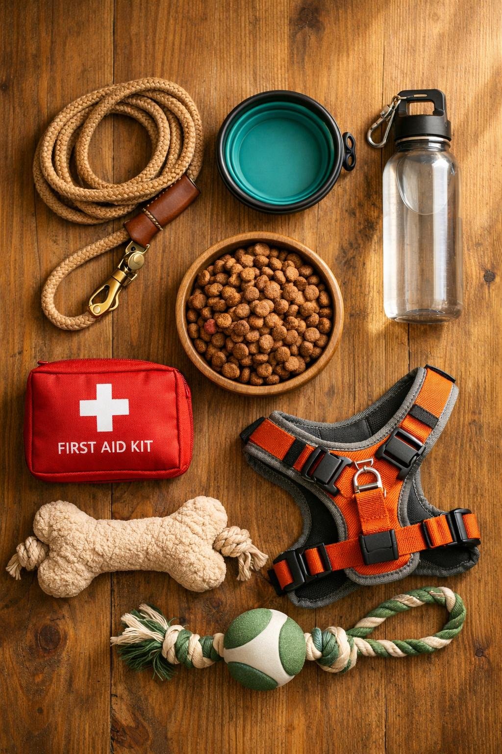 dog road trip packing list essentials laid out flat on wooden floor including leash harness bowl and travel supplies