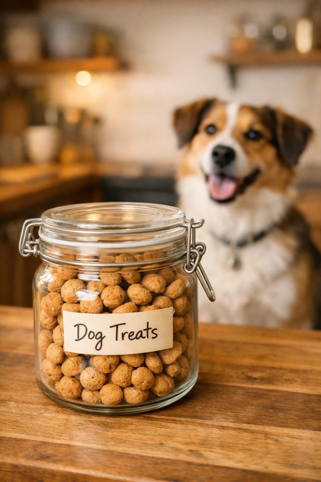 Airtight container storing homemade 3 ingredient dog treats on a kitchen counter