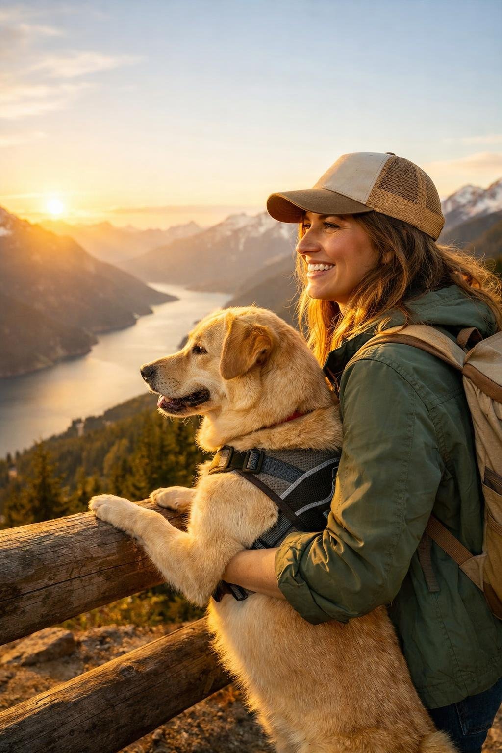 woman and dog at scenic overlook during road trip adventure with dog road trip packing list essentials ready