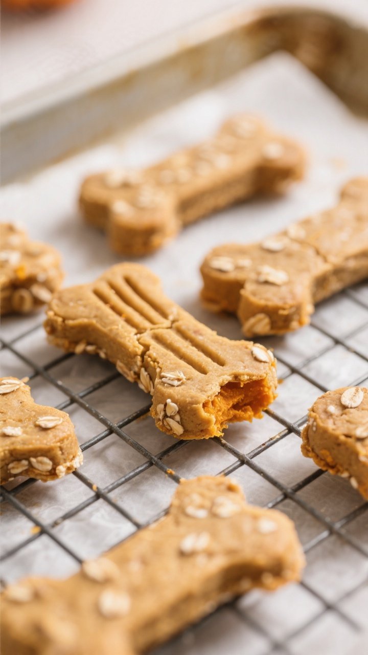 Close-up detail: Freshly baked peanut butter–pumpkin oat dog treats cooling on a wire rack, golden pup treats