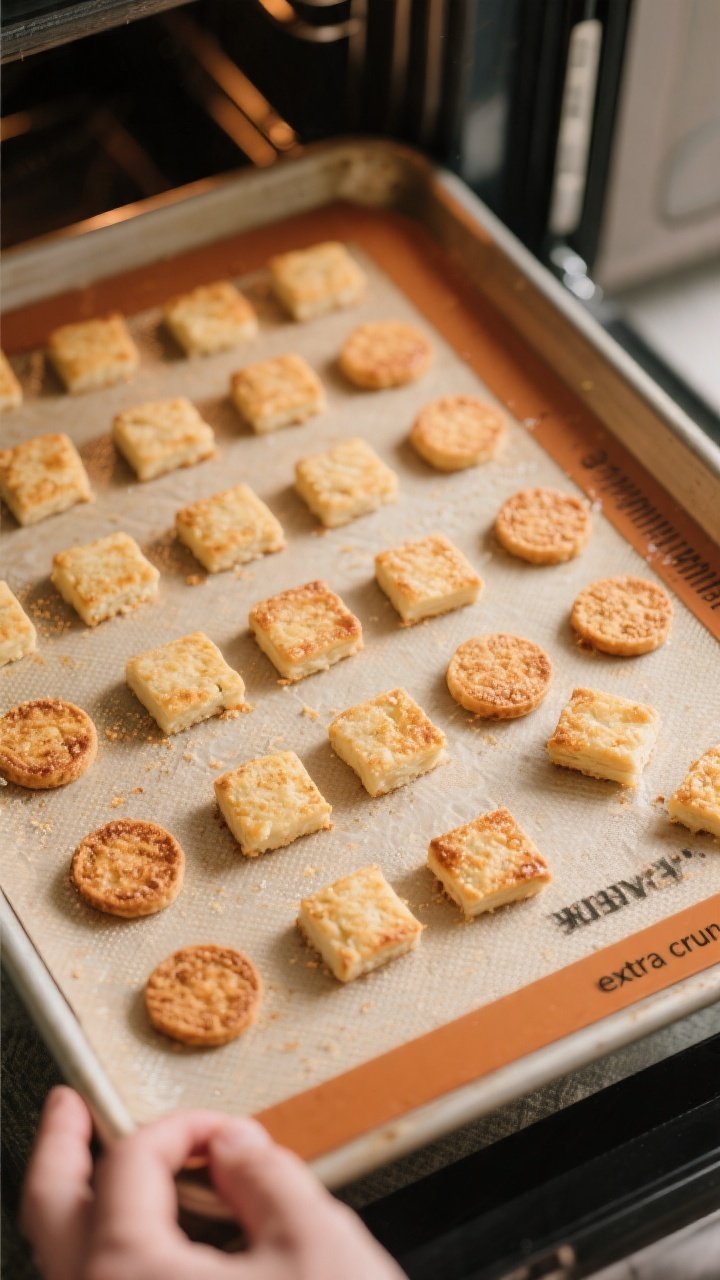 Cooking process: Overhead shot of neatly cut bite-sized squares and coins arranged on a parchment-lined baking sheet
