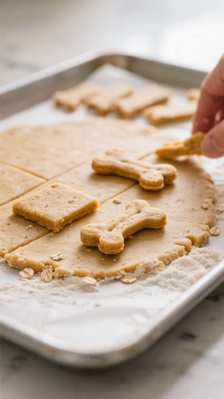 Cooking process: Rolled-out dog treat dough at 1/4-inch thickness on a lightly floured parchment-lin DIY Dog Treats Easy