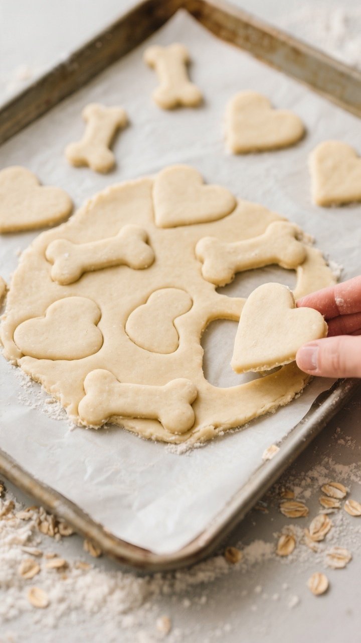 Cooking process: Rolled-out dough for dog treat cut-outs at 1/4 inch thickness on a lightly dusted o