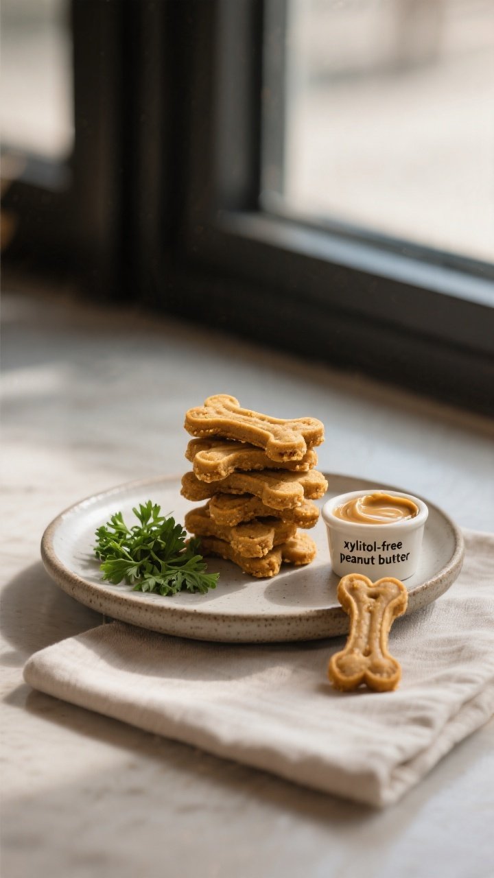 Final dish presentation: Beautifully plated stack of small bone-shaped peanut butter–pumpkin dog treats