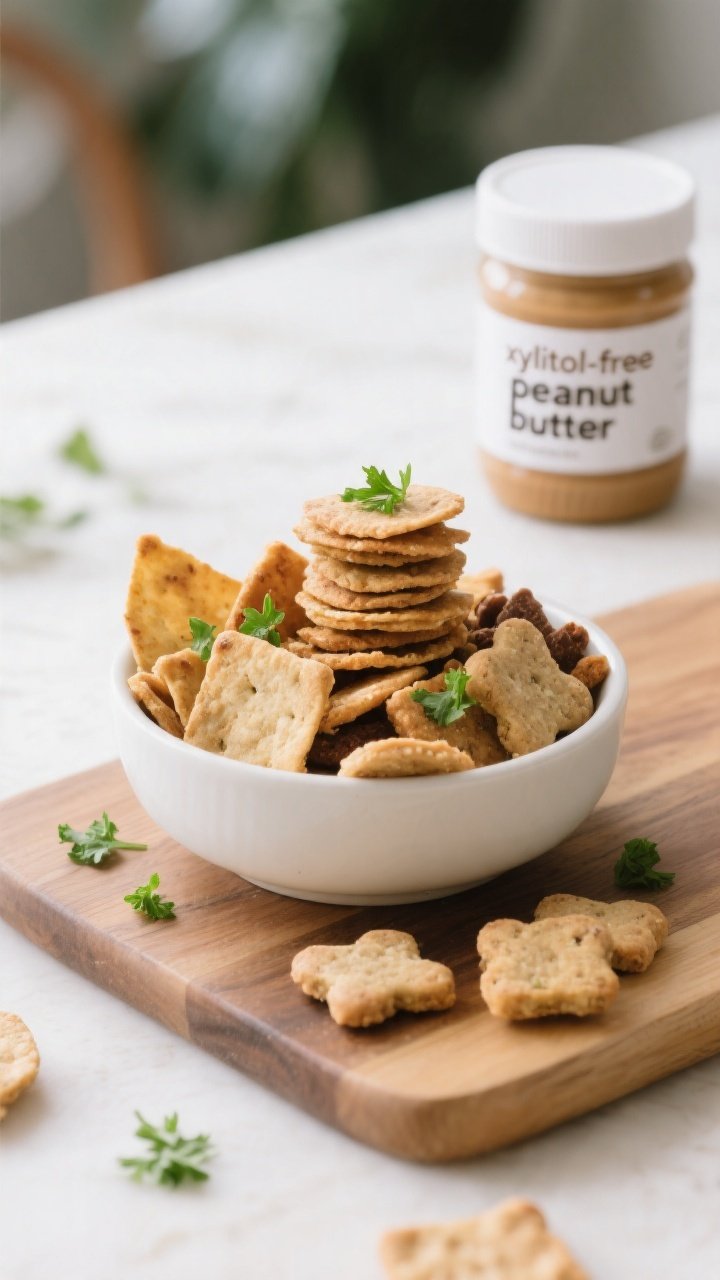 Final presentation: Beautifully plated assortment of DIY dog treats stacked casually in a small whit