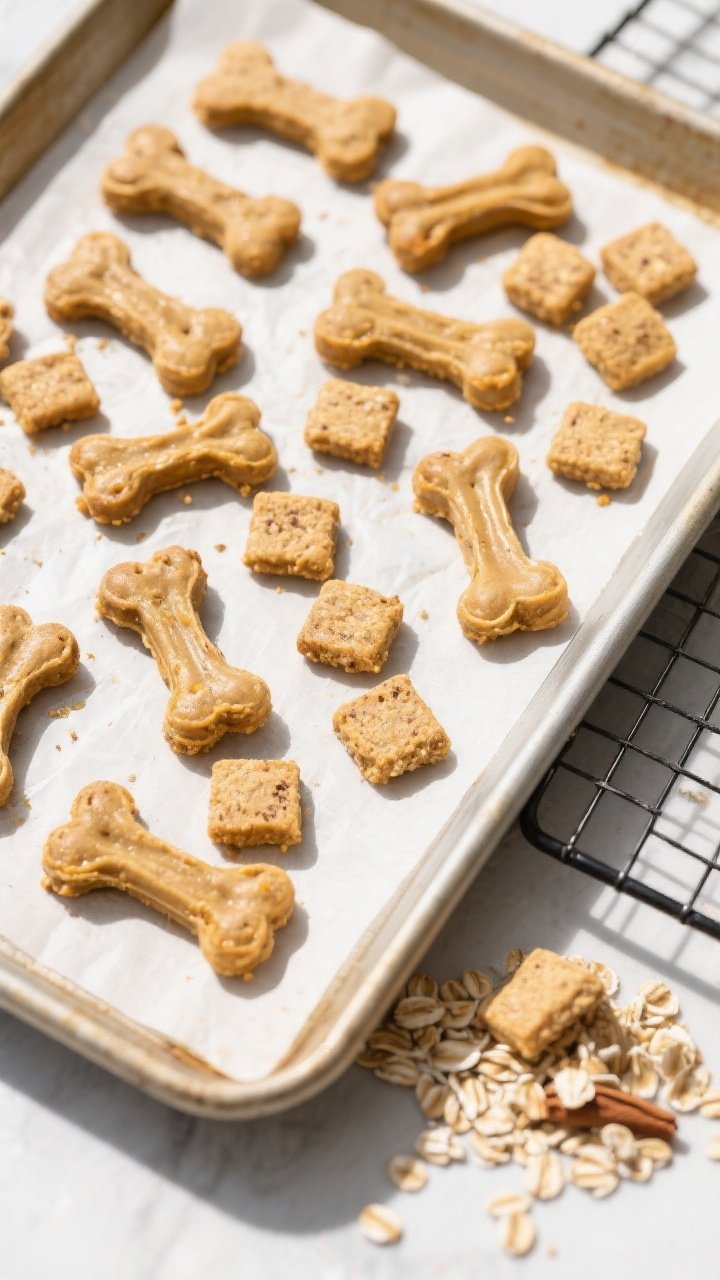 Tasty top view: Overhead shot of freshly baked peanut butter–pumpkin dog treats on a parchment-lin