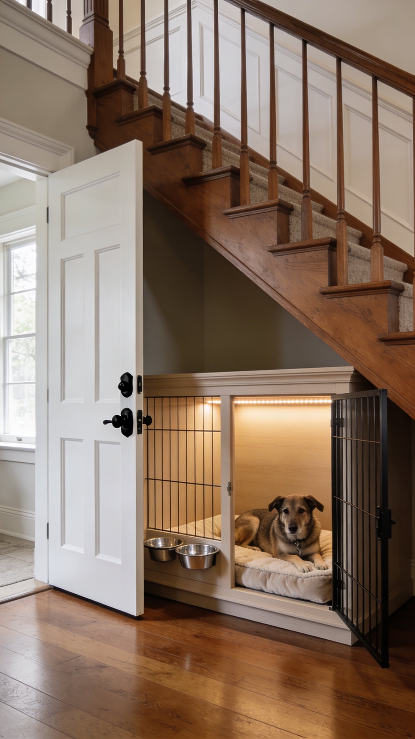 Custom built-in dog crate under the stairs