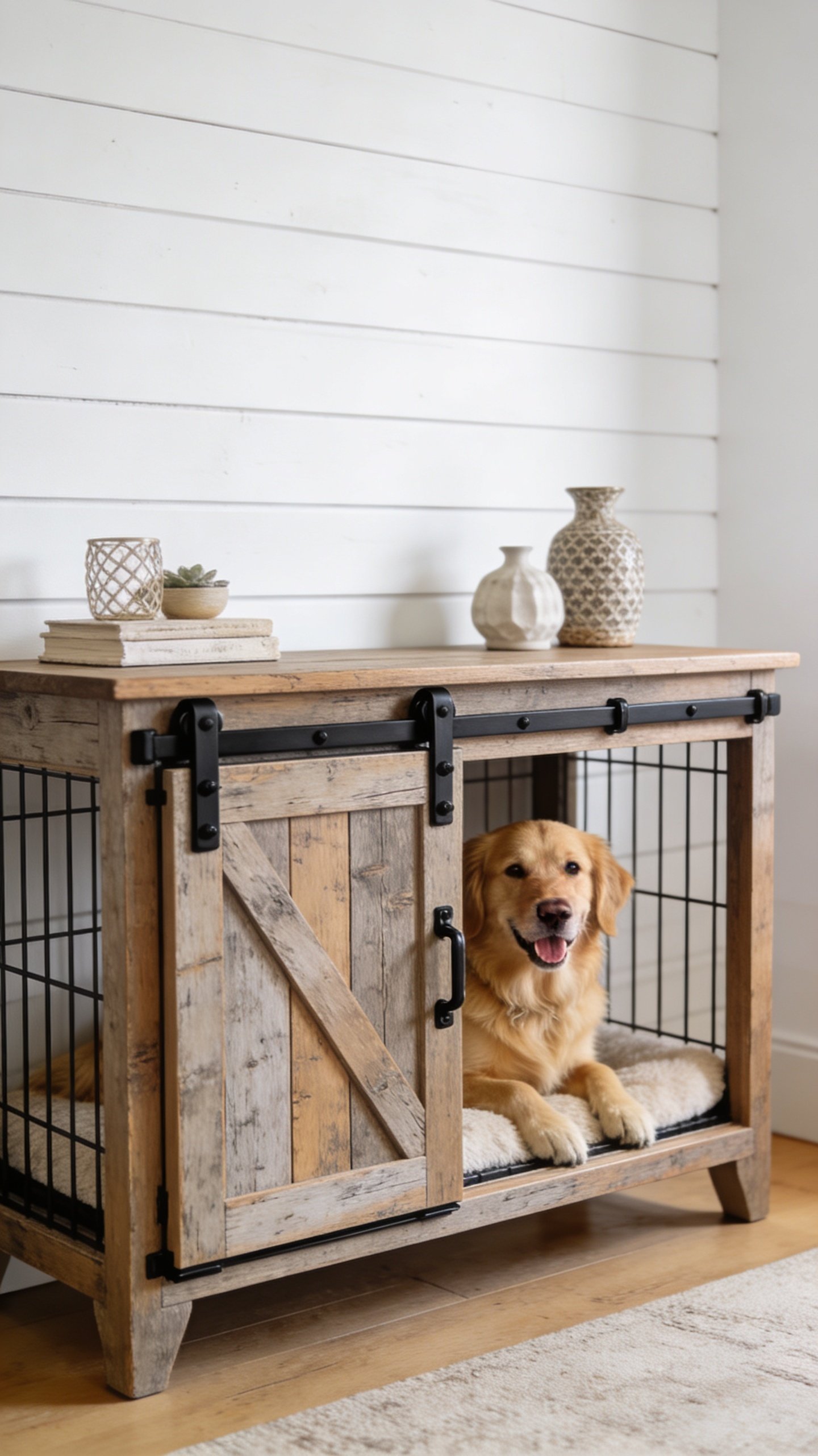 Sliding barn door dog crate console