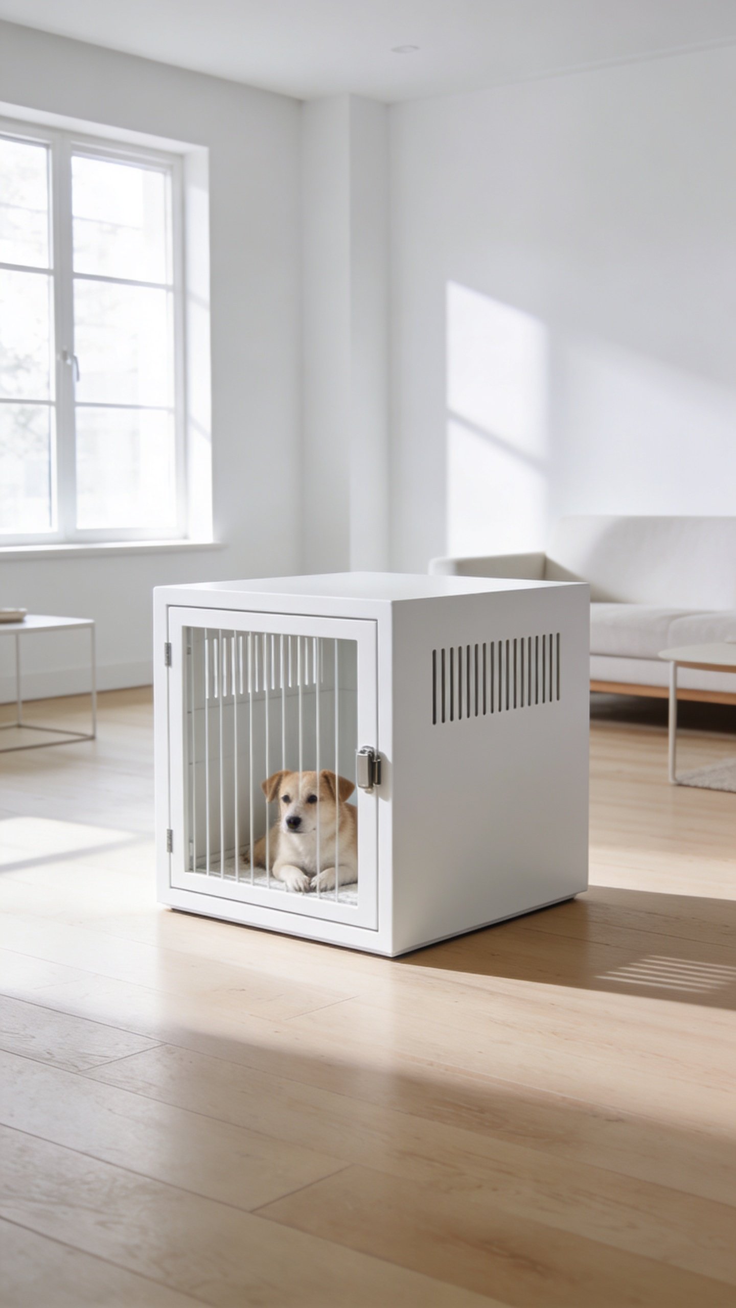 Minimalist white dog crate cube