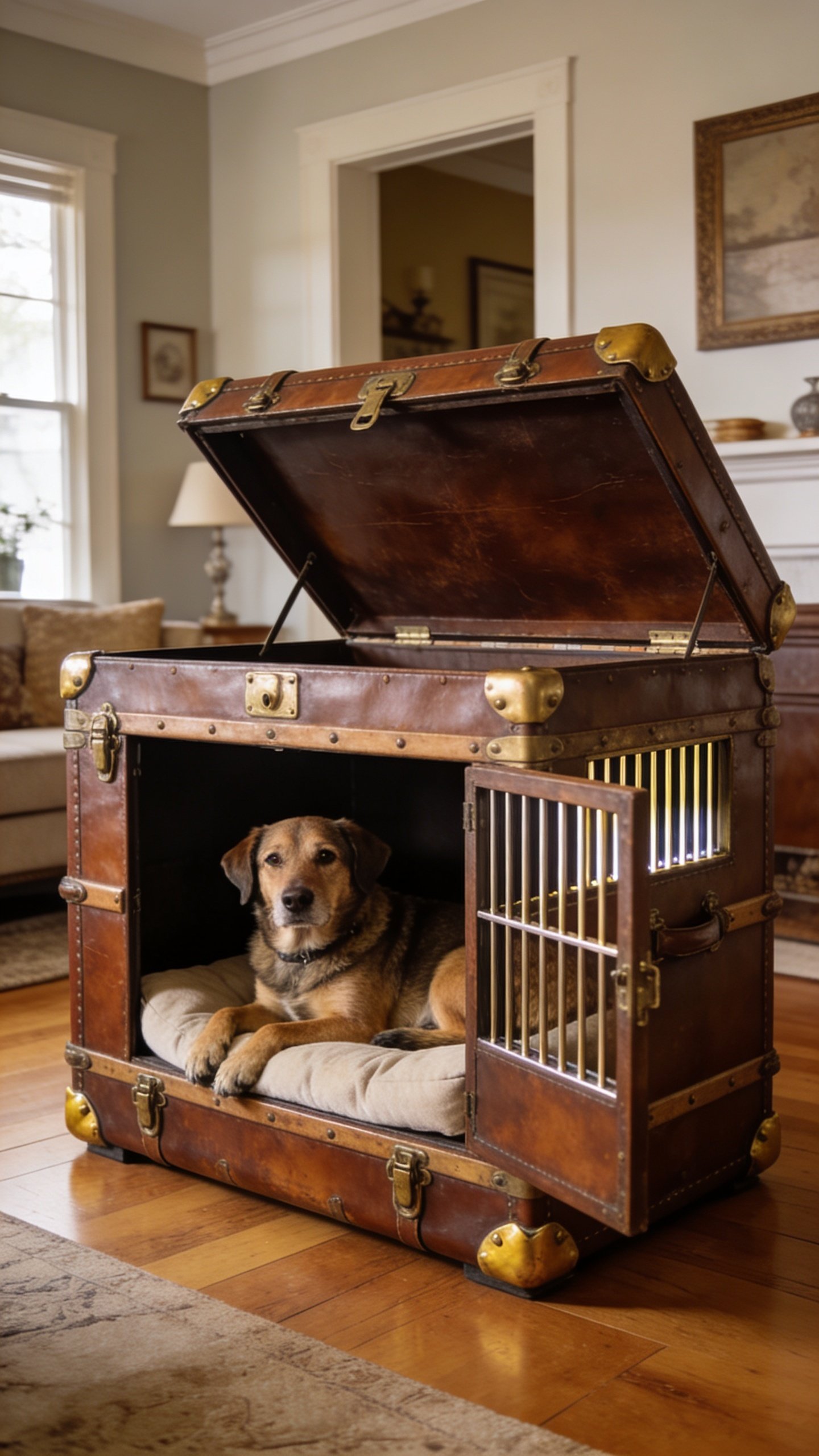 Vintage trunk converted into dog crate