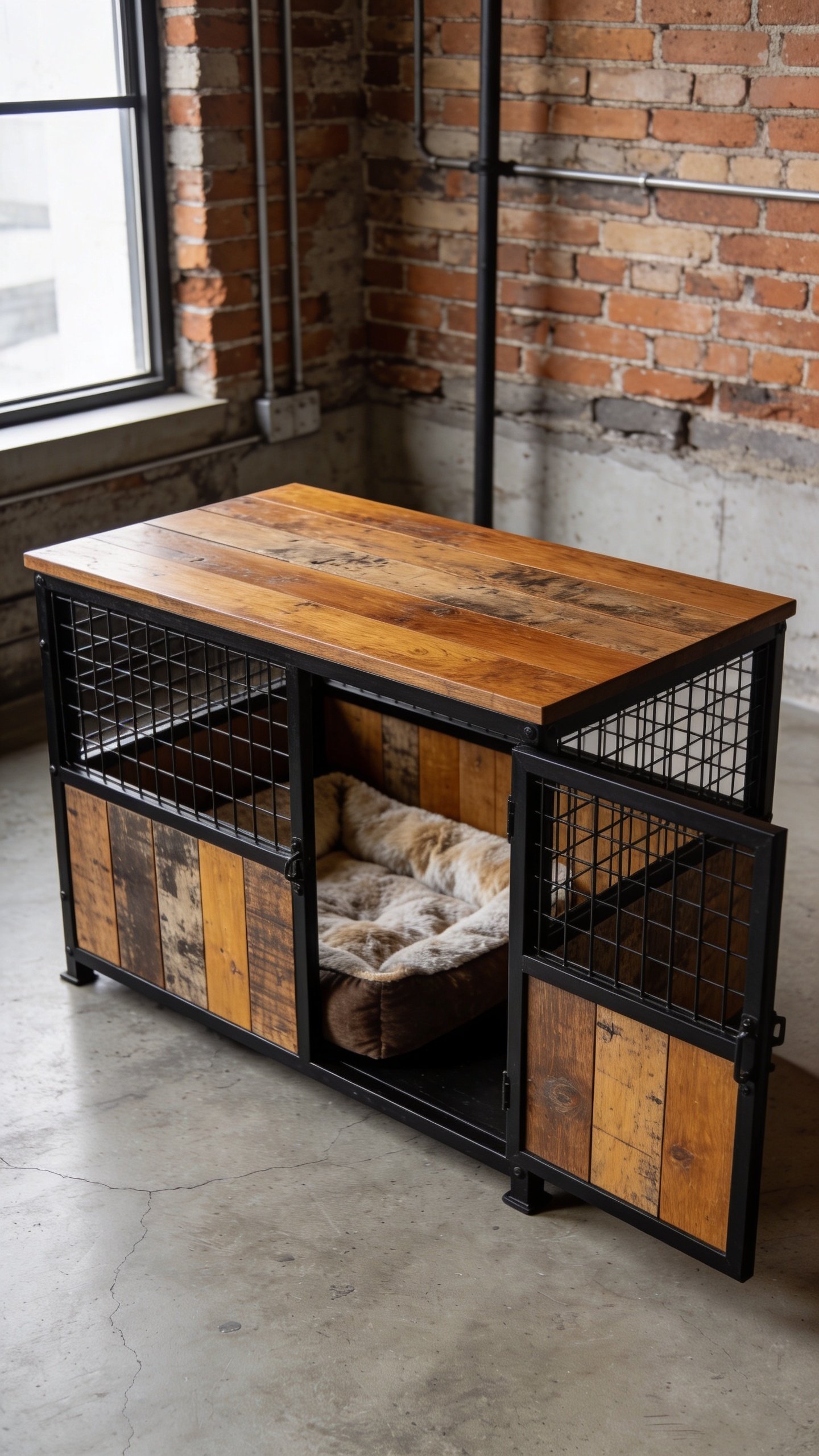 Industrial metal and wood dog crate furniture