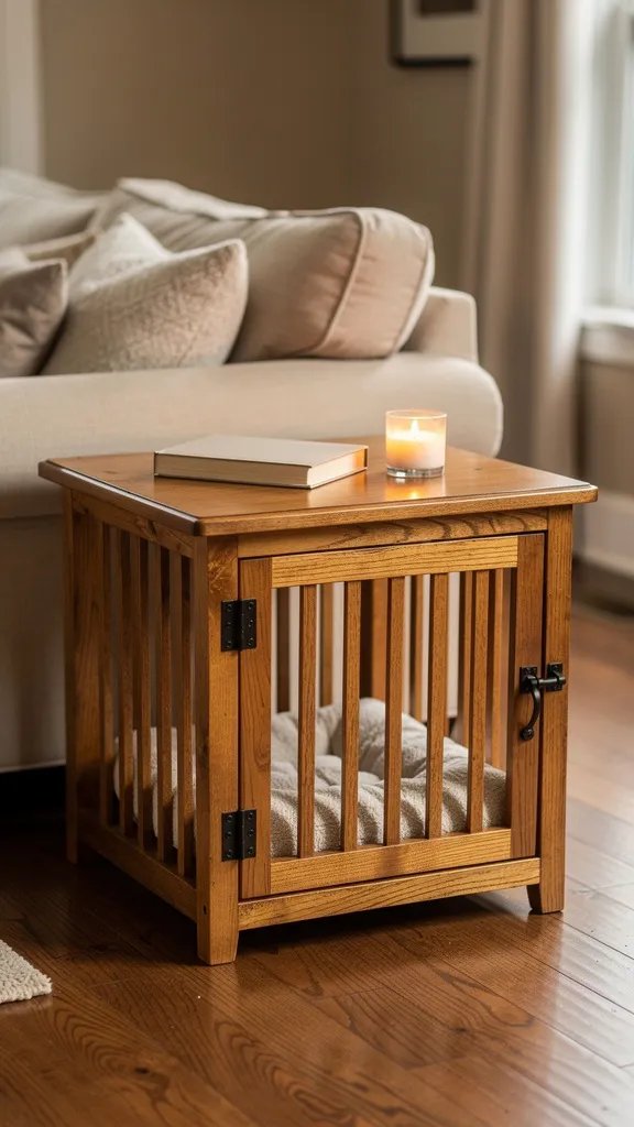 Farmhouse wooden dog crate end table in living room