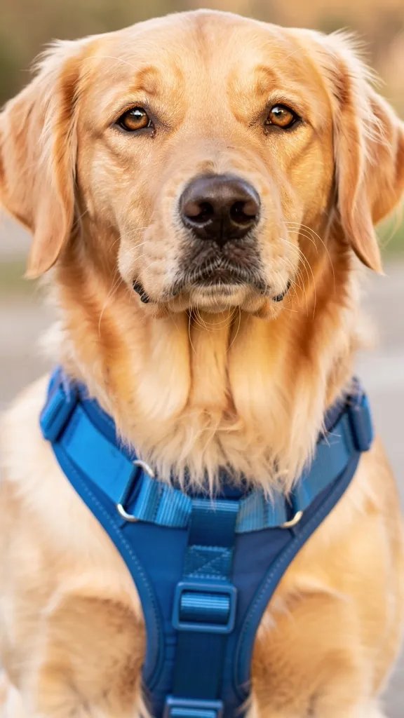Golden retriever wearing blue adjustable harness closeup
