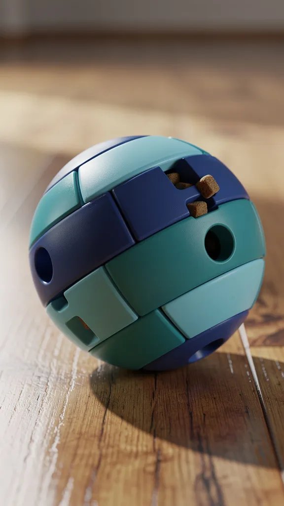 Treat-dispensing puzzle ball toy on wooden floor