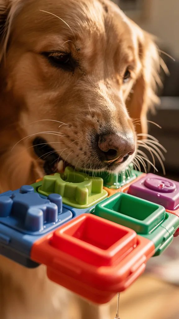 Golden retriever chewing interactive puzzle toy closeup