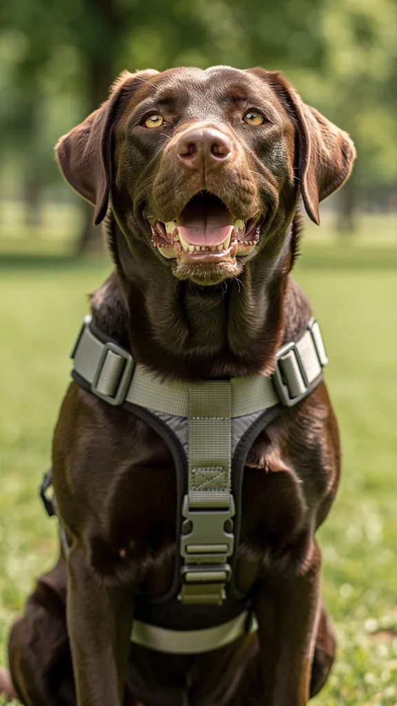 Happy labrador wearing tested harness outdoor portrait