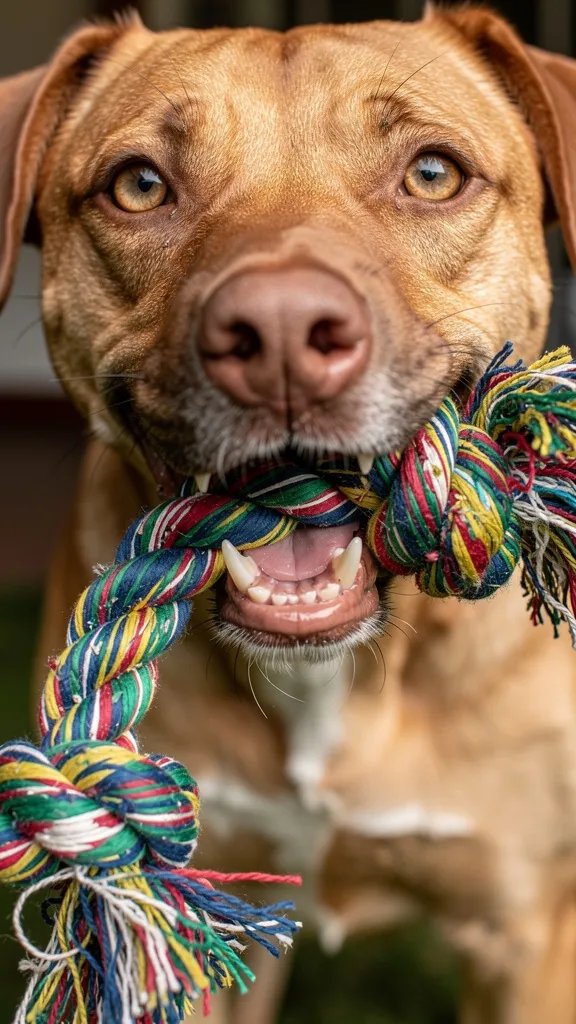 Rope tug toy being held in dog
