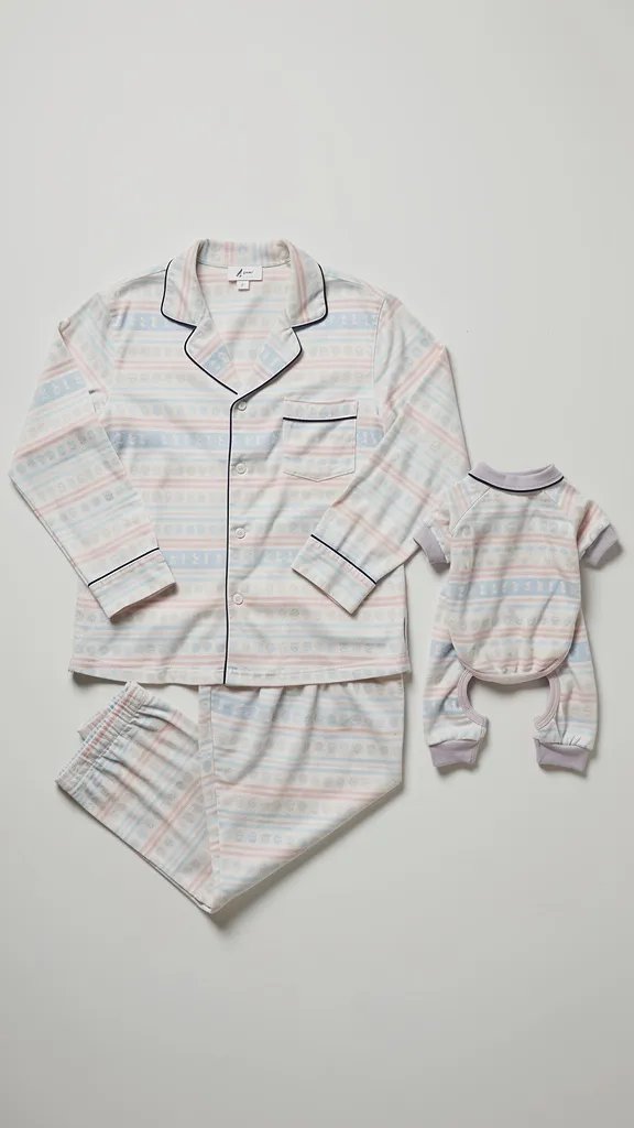 Matching human and dog pajama set laid flat