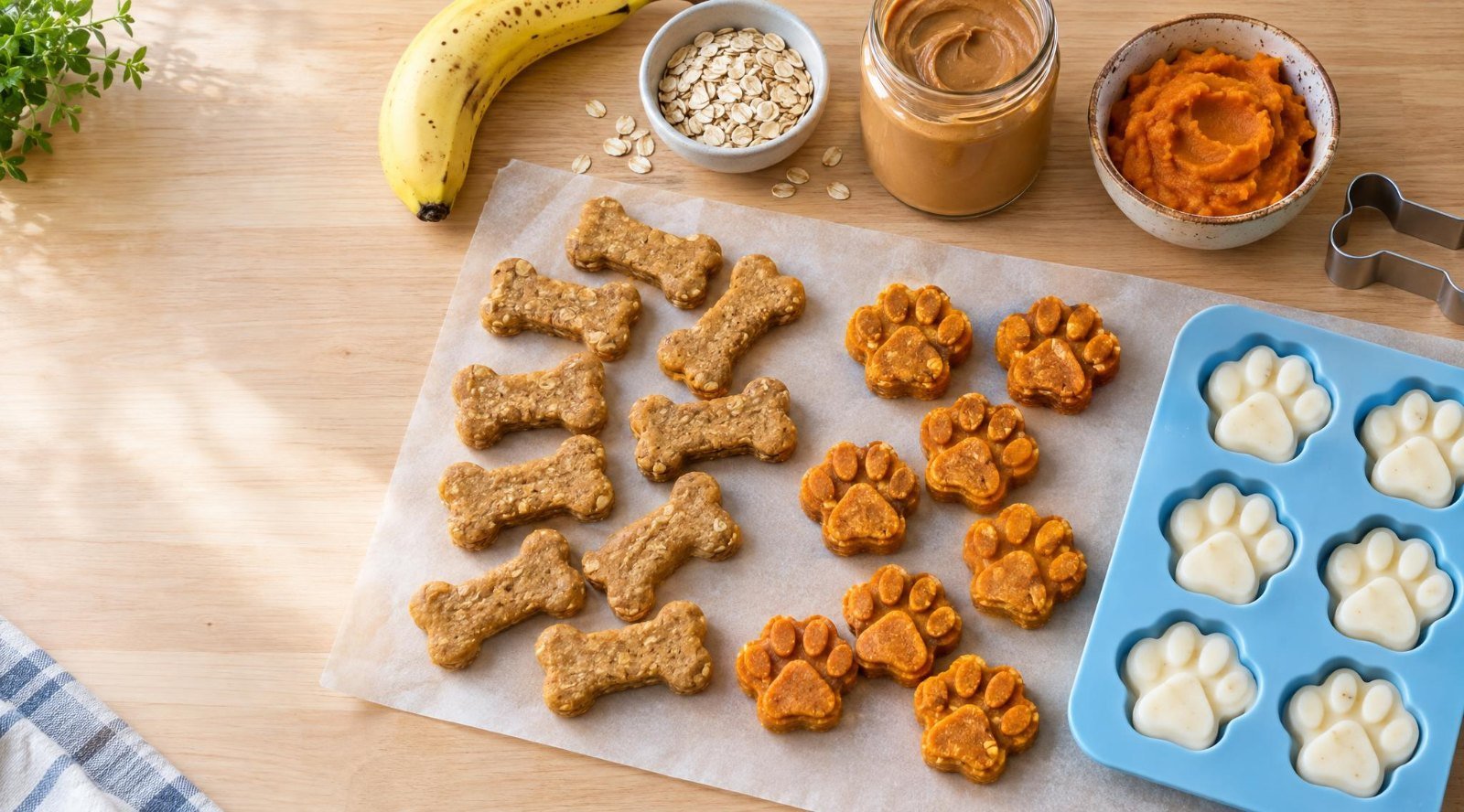 Homemade 3 ingredient dog treats: peanut butter banana bones, pumpkin oat paw biscuits and frozen yogurt paw cubes on parchment