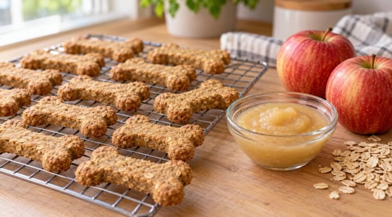Bone-shaped applesauce dog treats cooling on a wire rack next to a bowl of unsweetened applesauce and fresh apples