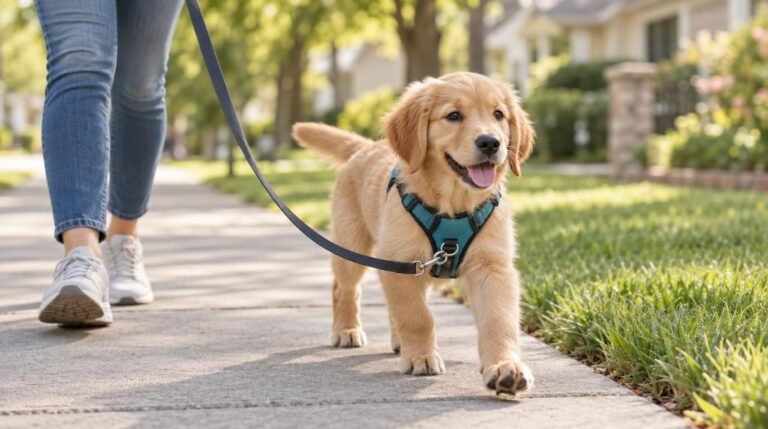 Puppy walking on a loose leash in a no-pull harness