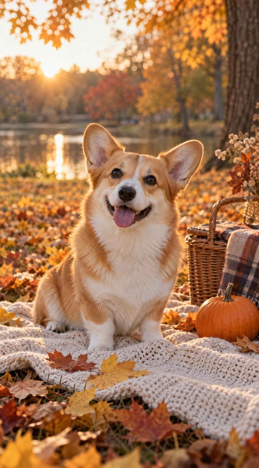 Corgi sitting on a cream picnic blanket among autumn leaves with a basket and small pumpkin