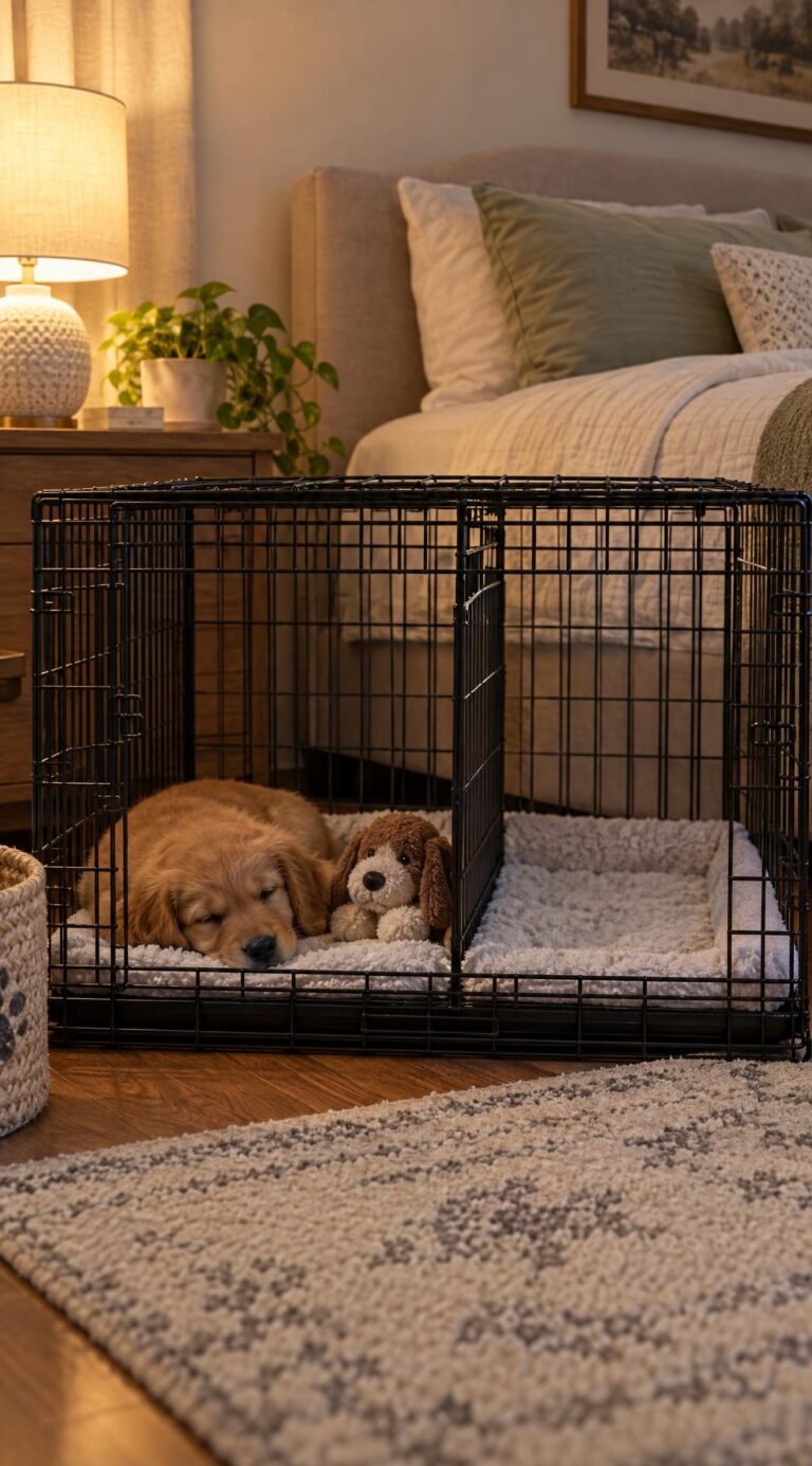 Puppy sleeping in a wire crate with a divider panel and soft pad