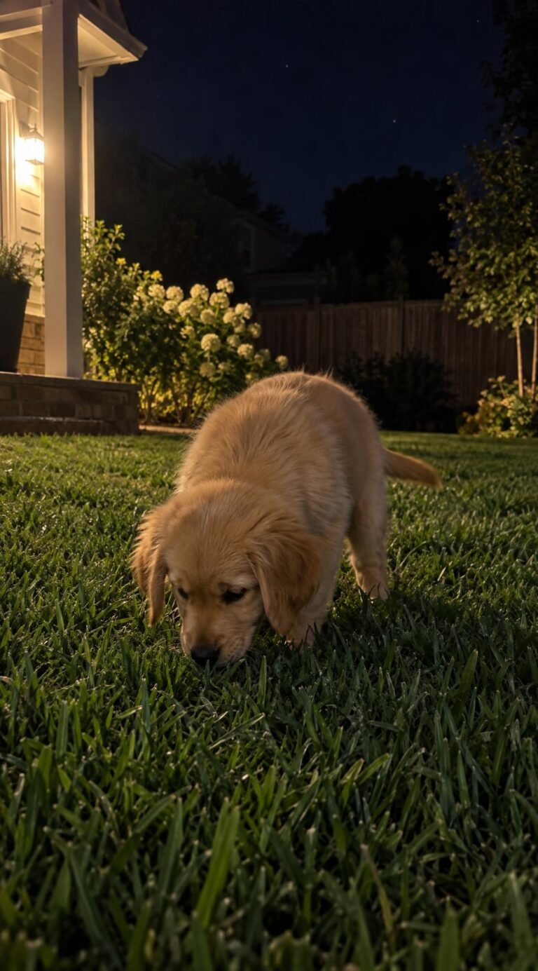 Puppy sniffing the grass during a quiet nighttime potty break