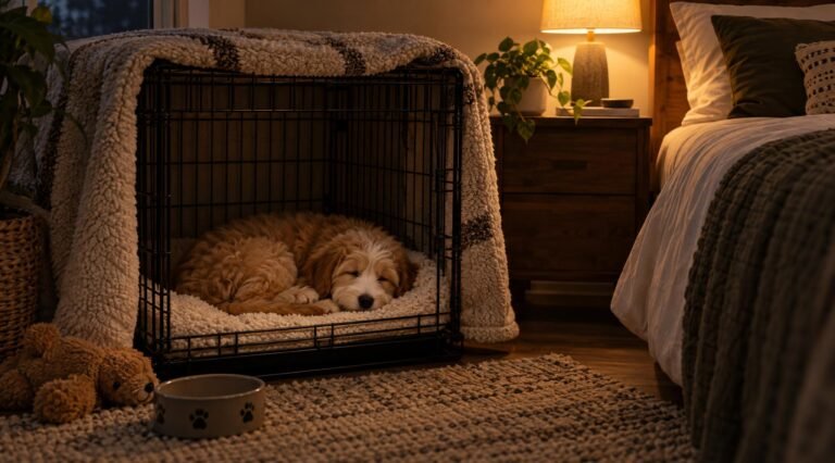 Sleepy puppy in a covered wire crate beside the bed at night