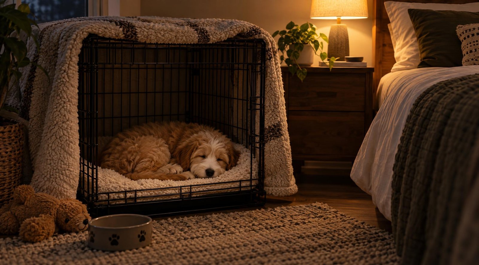 Sleepy puppy in a covered wire crate beside the bed at night