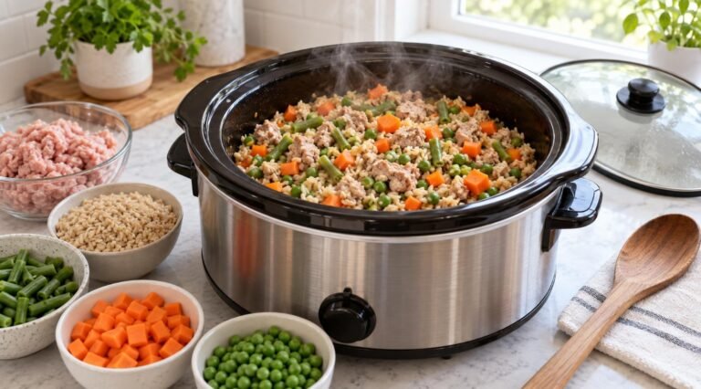 Slow cooker filled with homemade dog food of ground turkey, brown rice, carrots, green beans and peas