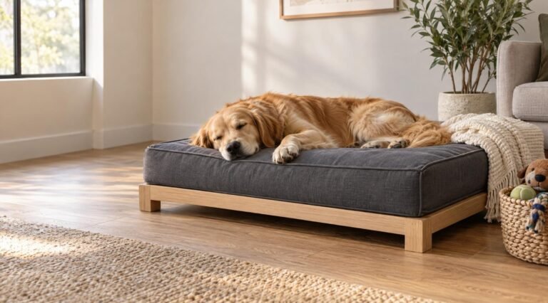 DIY dog bed: golden retriever asleep on a 4 inch foam cushion with a gray zippered canvas cover on a low wood platform
