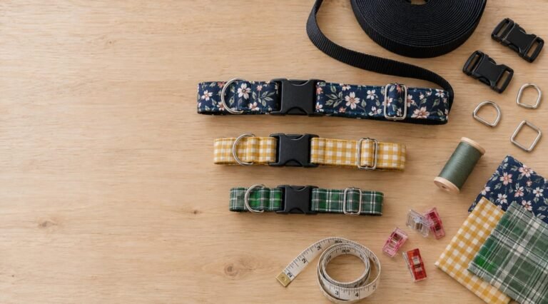 DIY dog collar: three handmade fabric collars over nylon webbing with side-release buckles, tri-glides and D-rings, plus webbing, thread and measuring tape