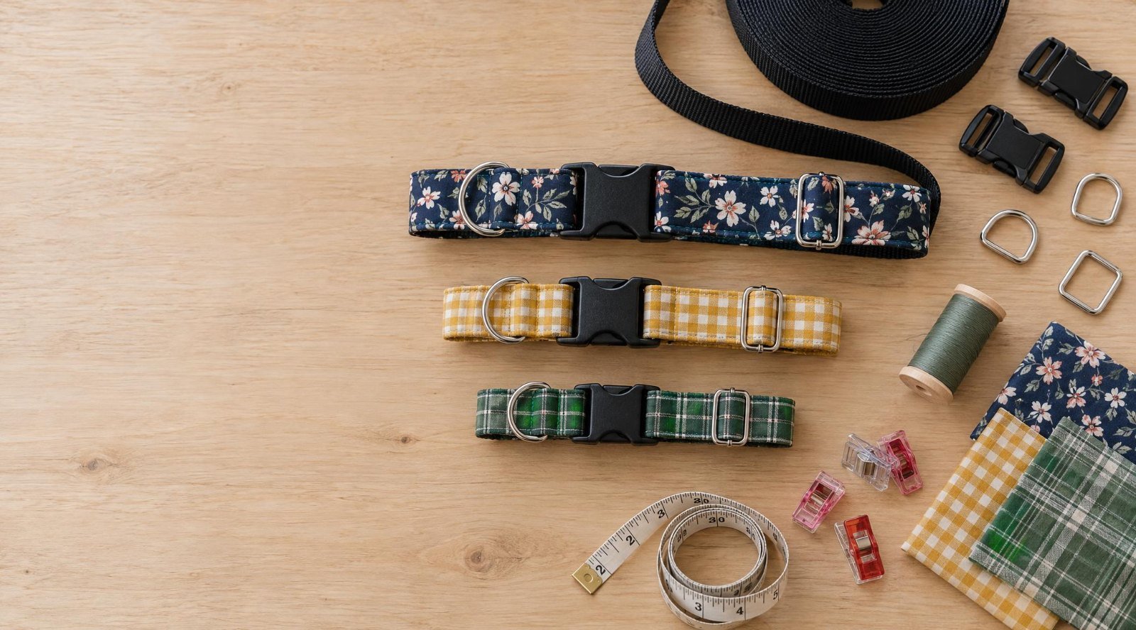 DIY dog collar: three handmade fabric collars over nylon webbing with side-release buckles, tri-glides and D-rings, plus webbing, thread and measuring tape