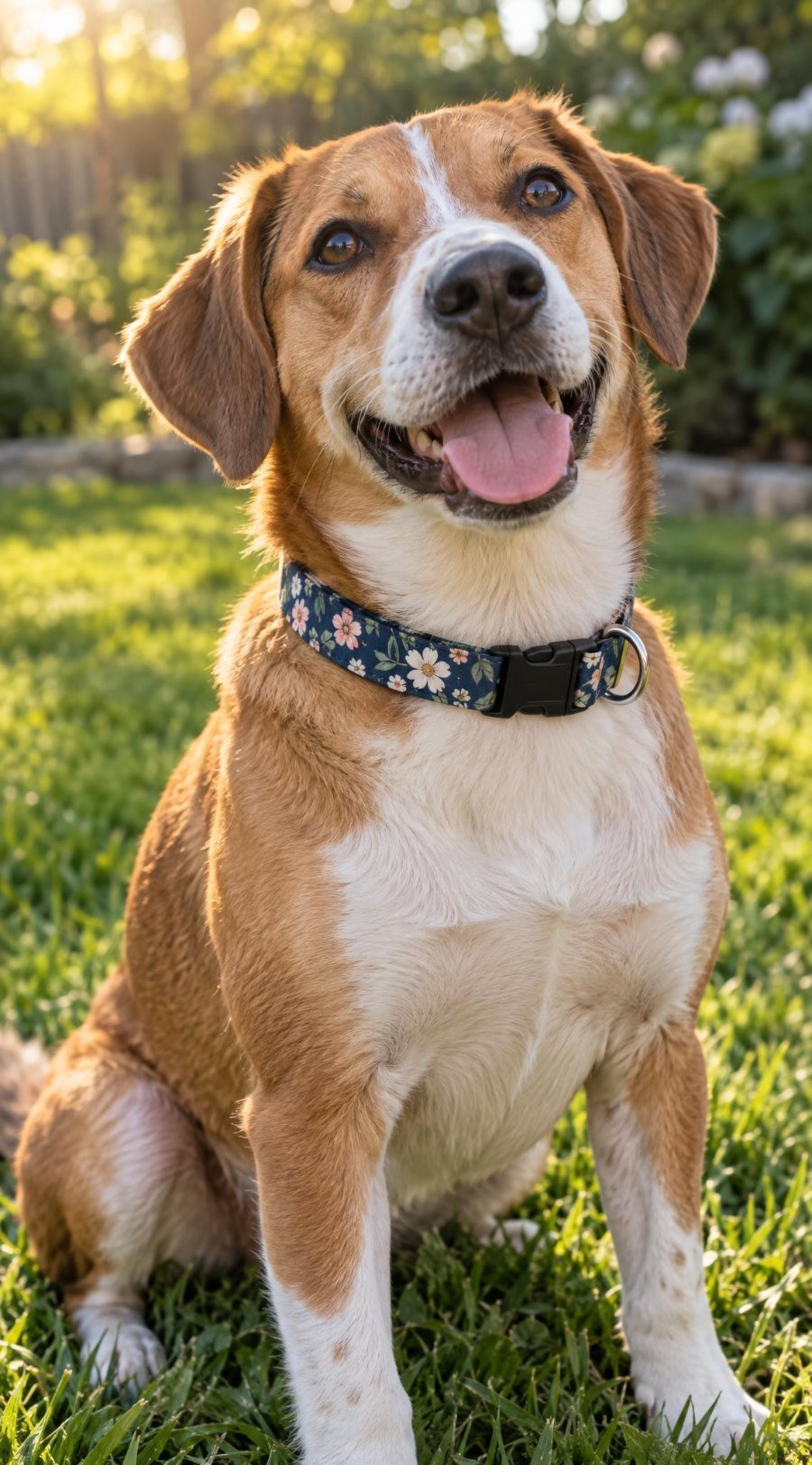 Happy mixed-breed dog wearing a handmade navy floral DIY dog collar with a side-release buckle and D-ring
