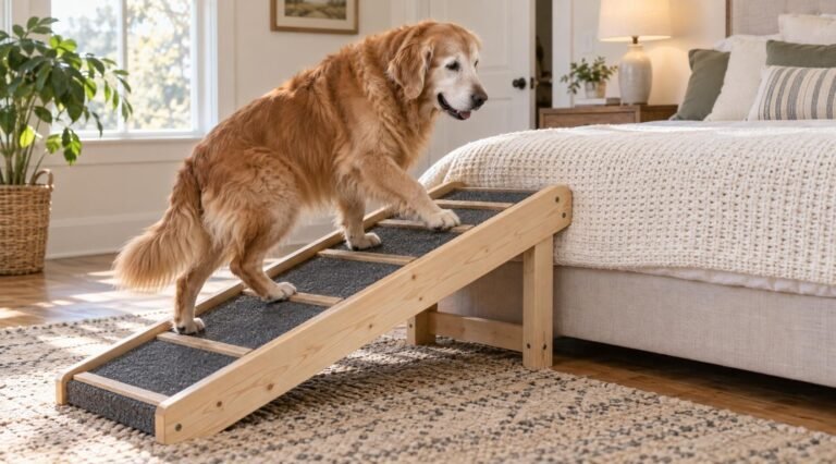 Senior golden retriever walking up a DIY wooden dog ramp with carpet tread onto a bed